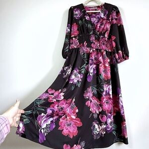 Danny & Nicole Black and Pink Floral Dress with Long Sleeves and V Neck